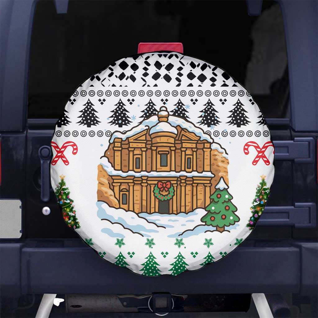 Jordan Christmas Spare Tire Cover with Petra Monastery Snow Christmas Trees and Candy Cane Pattern - Wonder Print Shop
