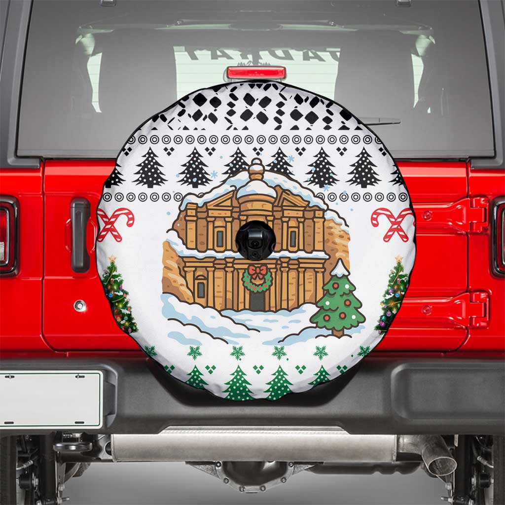 Jordan Christmas Spare Tire Cover with Petra Monastery Snow Christmas Trees and Candy Cane Pattern - Wonder Print Shop