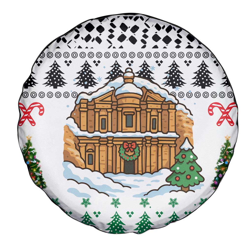 Jordan Christmas Spare Tire Cover with Petra Monastery Snow Christmas Trees and Candy Cane Pattern - Wonder Print Shop
