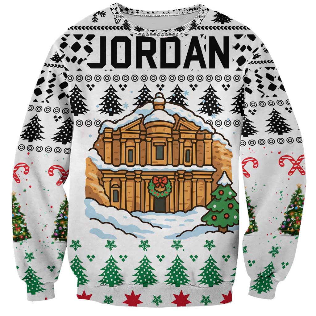Jordan Christmas Sweatshirt with Petra Monastery Snow Christmas Trees and Candy Cane Pattern - Wonder Print Shop