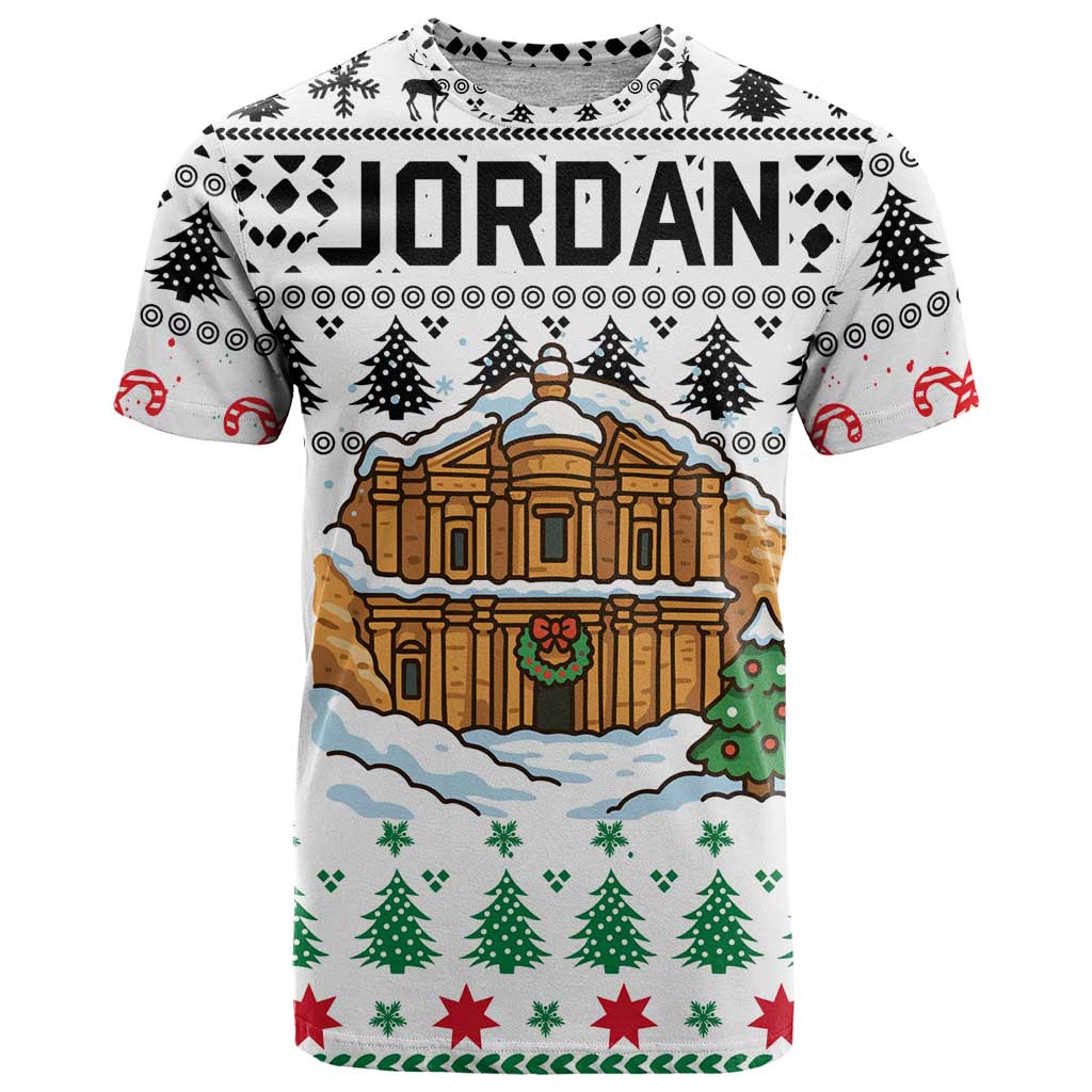 Jordan Christmas T Shirt with Petra Monastery Snow Christmas Trees and Candy Cane Pattern - Wonder Print Shop