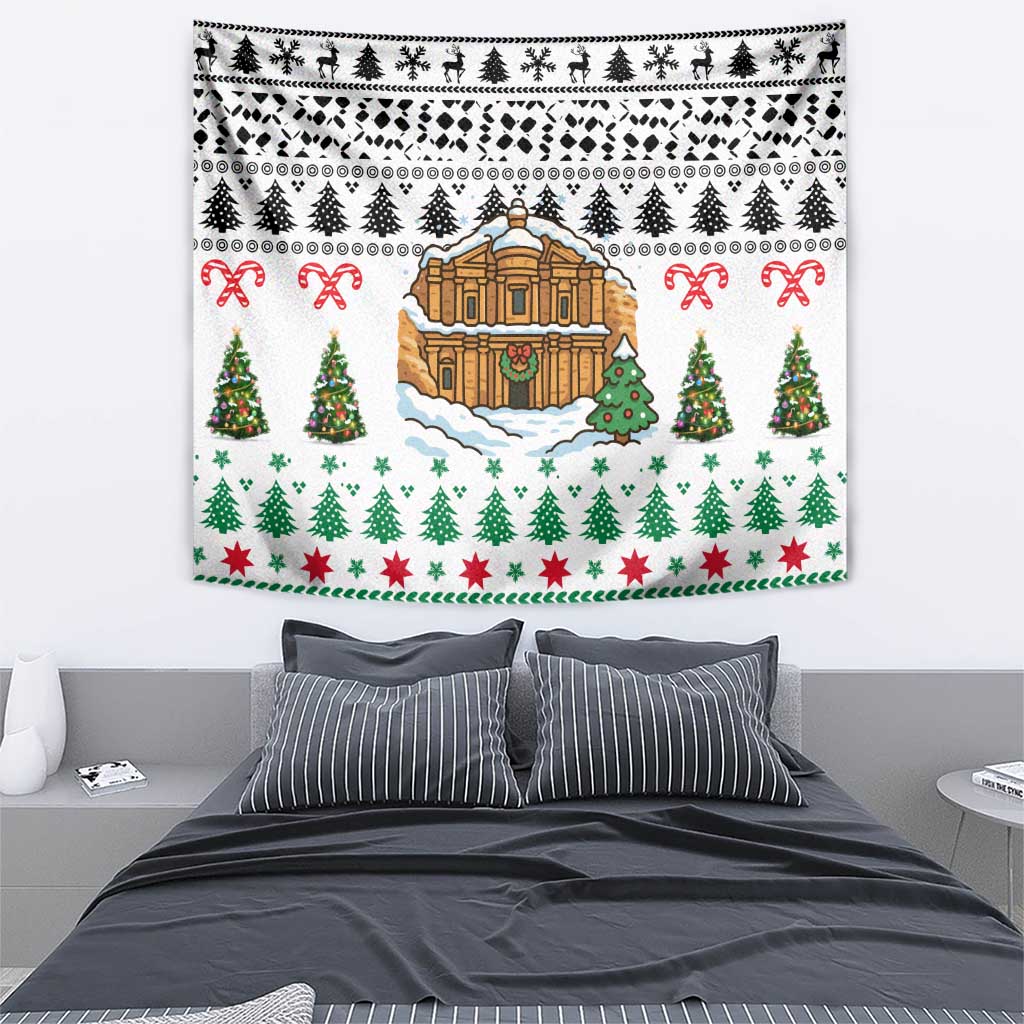 Jordan Christmas Tapestry with Petra Monastery Snow Christmas Trees and Candy Cane Pattern - Wonder Print Shop