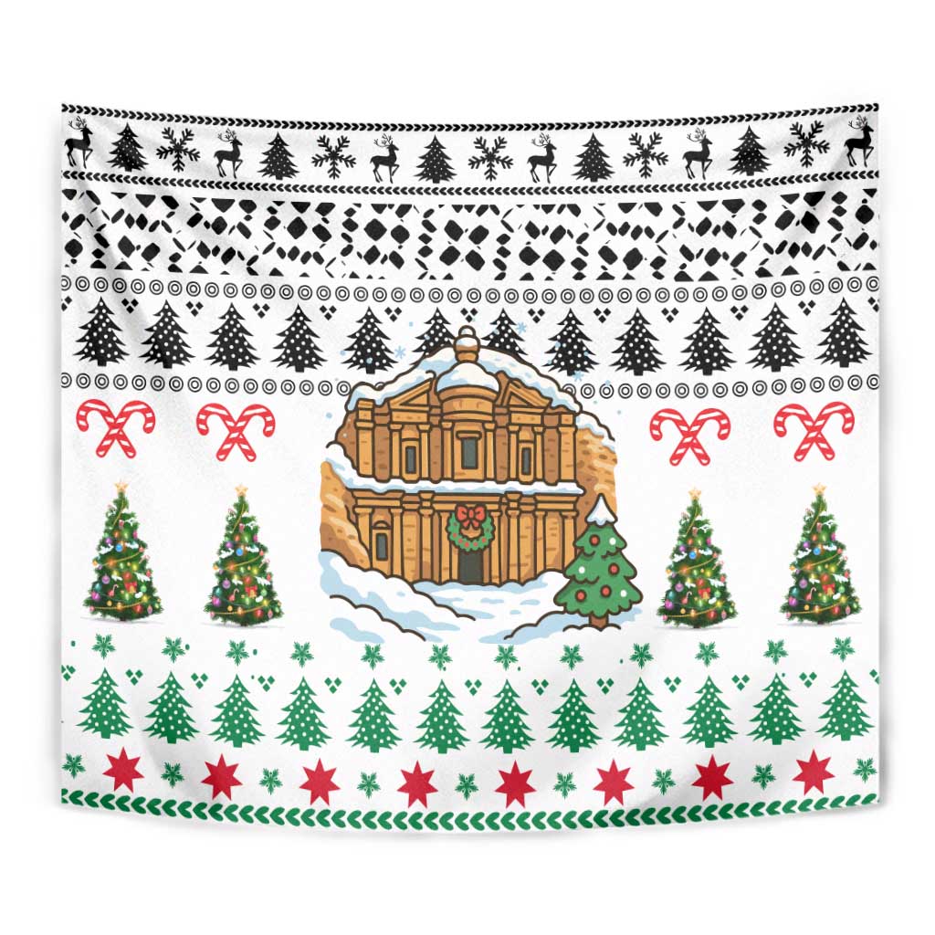 Jordan Christmas Tapestry with Petra Monastery Snow Christmas Trees and Candy Cane Pattern - Wonder Print Shop