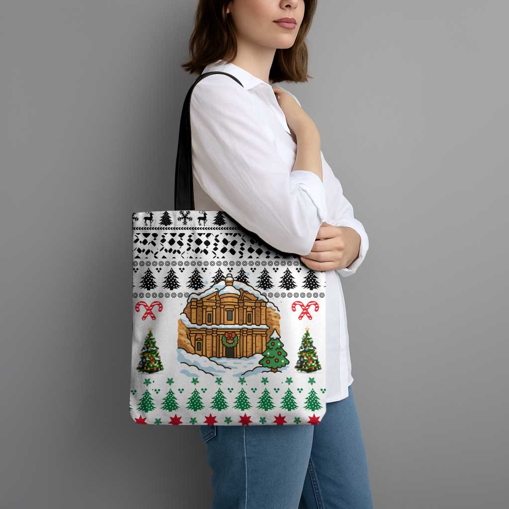 Jordan Christmas Tote Bag with Petra Monastery Snow Christmas Trees and Candy Cane Pattern - Wonder Print Shop