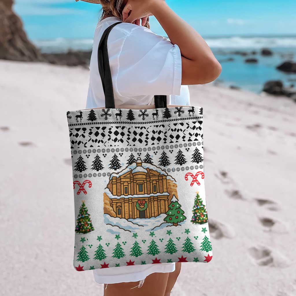 Jordan Christmas Tote Bag with Petra Monastery Snow Christmas Trees and Candy Cane Pattern - Wonder Print Shop