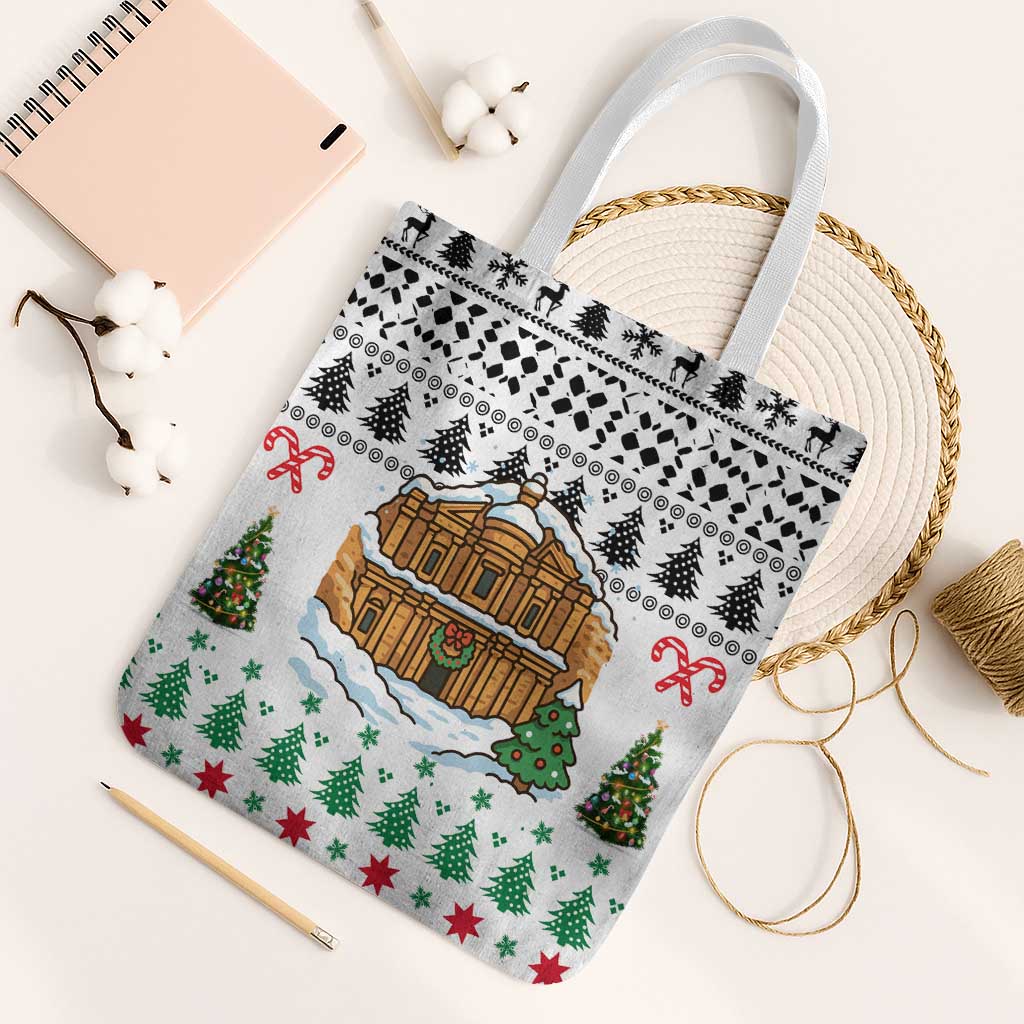 Jordan Christmas Tote Bag with Petra Monastery Snow Christmas Trees and Candy Cane Pattern - Wonder Print Shop