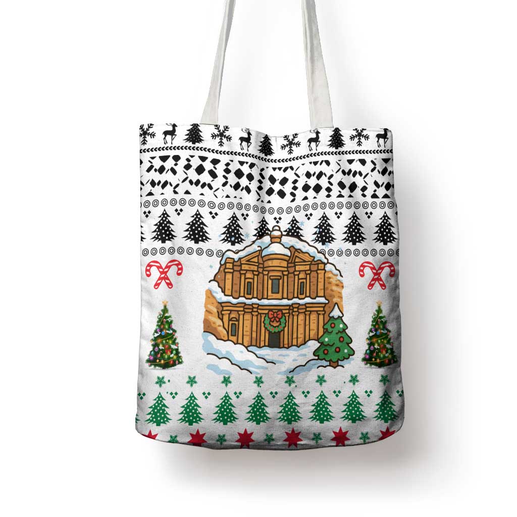 Jordan Christmas Tote Bag with Petra Monastery Snow Christmas Trees and Candy Cane Pattern - Wonder Print Shop
