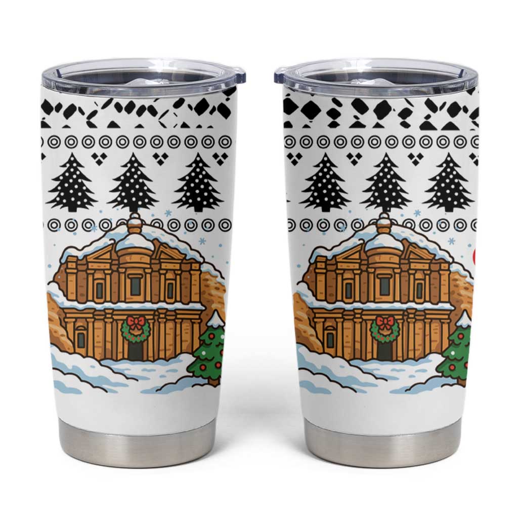 Jordan Christmas Tumbler Cup with Petra Monastery Snow Christmas Trees and Candy Cane Pattern - Wonder Print Shop