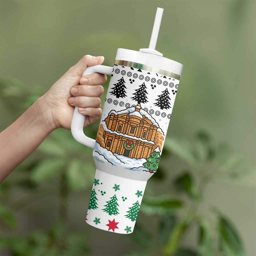 Jordan Christmas Tumbler With Handle with Petra Monastery Snow Christmas Trees and Candy Cane Pattern - Wonder Print Shop