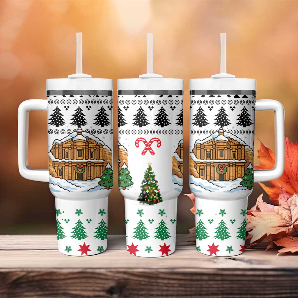Jordan Christmas Tumbler With Handle with Petra Monastery Snow Christmas Trees and Candy Cane Pattern - Wonder Print Shop