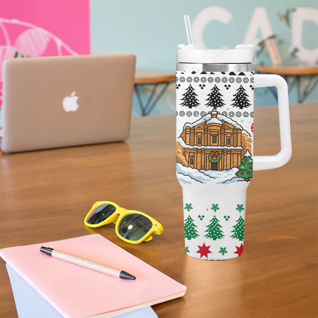 Jordan Christmas Tumbler With Handle with Petra Monastery Snow Christmas Trees and Candy Cane Pattern - Wonder Print Shop