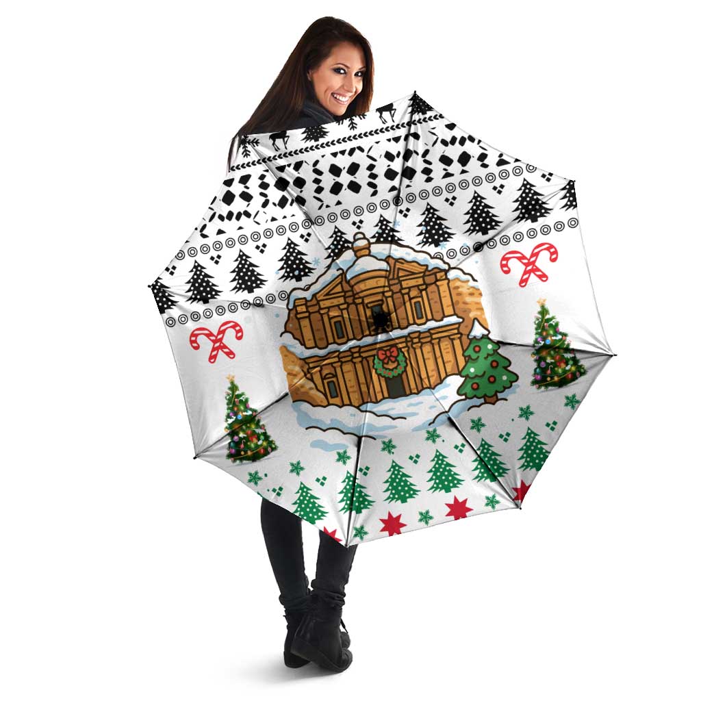 Jordan Christmas Umbrella with Petra Monastery Snow Christmas Trees and Candy Cane Pattern - Wonder Print Shop