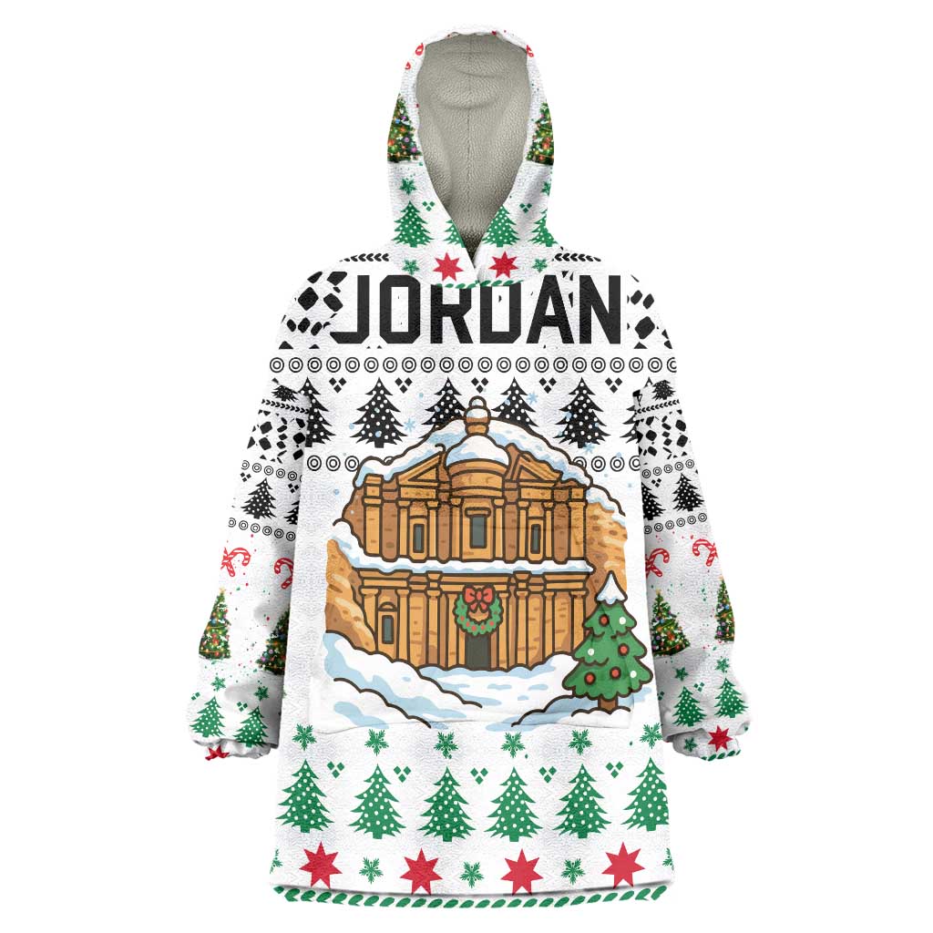 Jordan Christmas Wearable Blanket Hoodie with Petra Monastery Snow Christmas Trees and Candy Cane Pattern - Wonder Print Shop