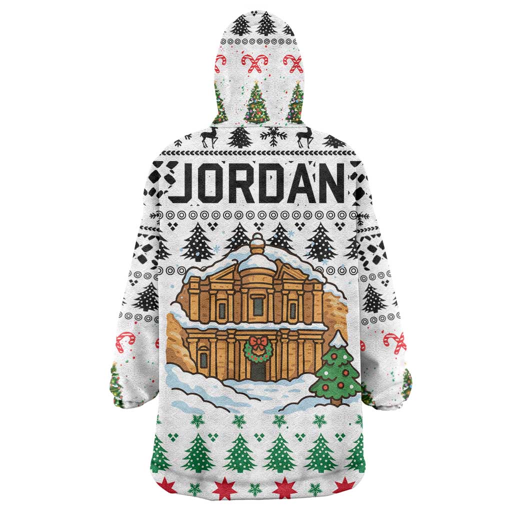 Jordan Christmas Wearable Blanket Hoodie with Petra Monastery Snow Christmas Trees and Candy Cane Pattern - Wonder Print Shop