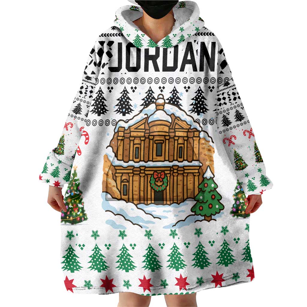 Jordan Christmas Wearable Blanket Hoodie with Petra Monastery Snow Christmas Trees and Candy Cane Pattern - Wonder Print Shop