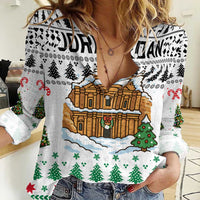 Jordan Christmas Women Casual Shirt with Petra Monastery Snow Christmas Trees and Candy Cane Pattern - Wonder Print Shop