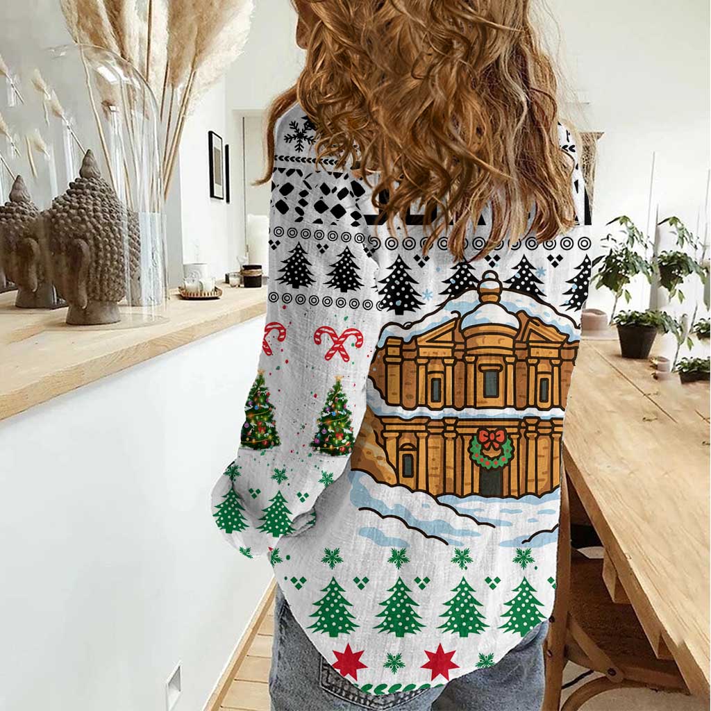 Jordan Christmas Women Casual Shirt with Petra Monastery Snow Christmas Trees and Candy Cane Pattern - Wonder Print Shop