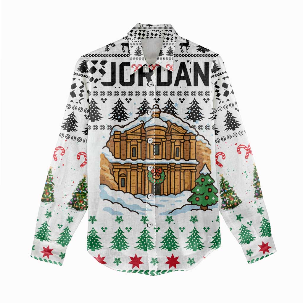 Jordan Christmas Women Casual Shirt with Petra Monastery Snow Christmas Trees and Candy Cane Pattern - Wonder Print Shop