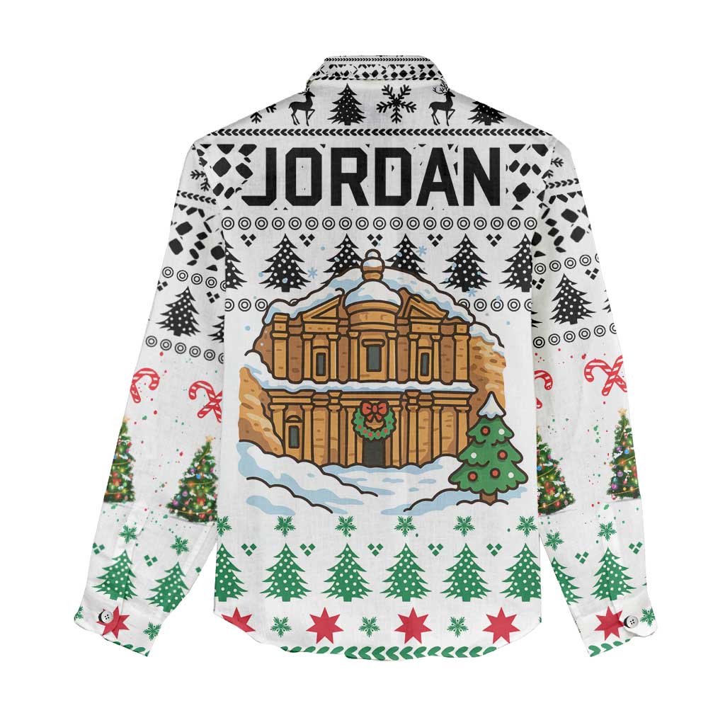 Jordan Christmas Women Casual Shirt with Petra Monastery Snow Christmas Trees and Candy Cane Pattern - Wonder Print Shop