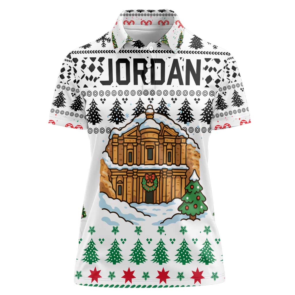 Jordan Christmas Women Polo Shirt with Petra Monastery Snow Christmas Trees and Candy Cane Pattern - Wonder Print Shop
