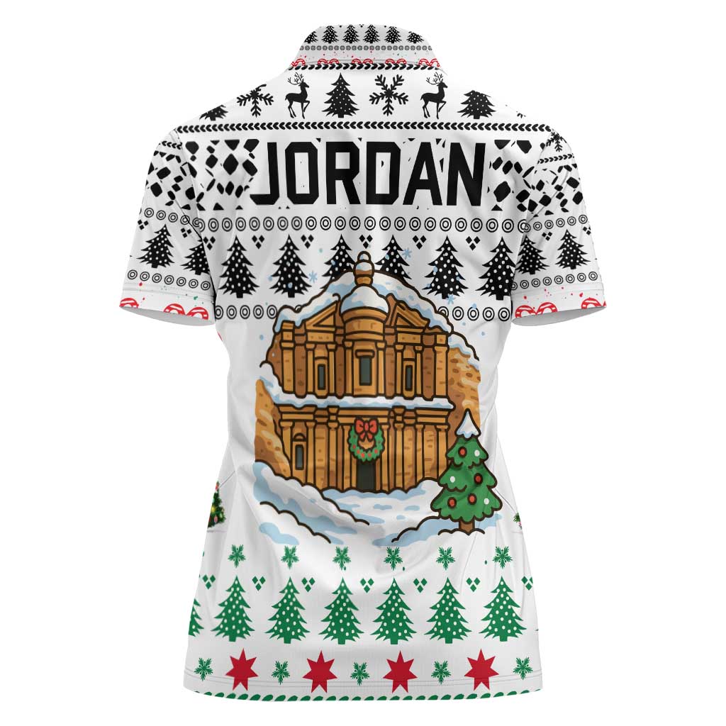 Jordan Christmas Women Polo Shirt with Petra Monastery Snow Christmas Trees and Candy Cane Pattern - Wonder Print Shop
