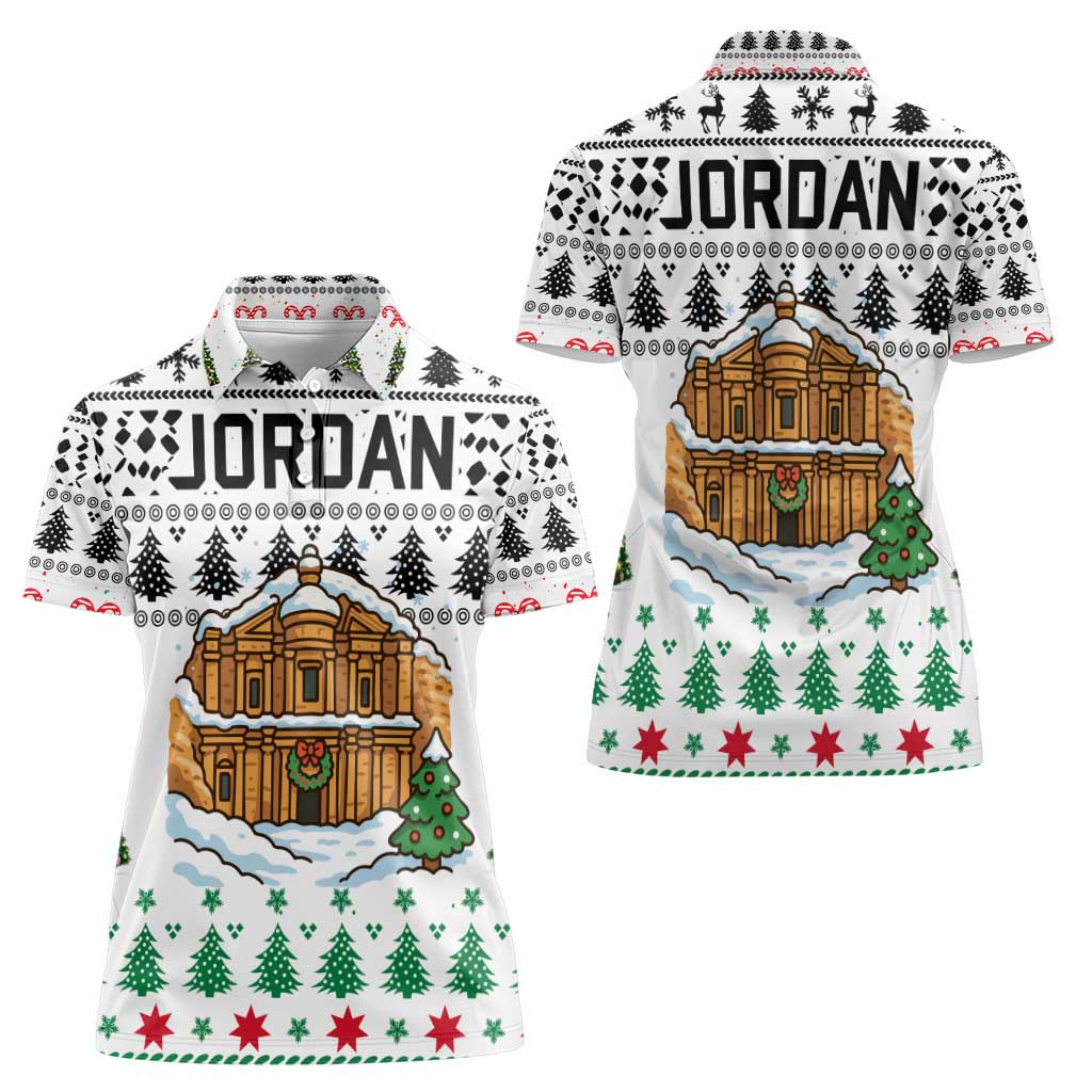 Jordan Christmas Women Polo Shirt with Petra Monastery Snow Christmas Trees and Candy Cane Pattern - Wonder Print Shop
