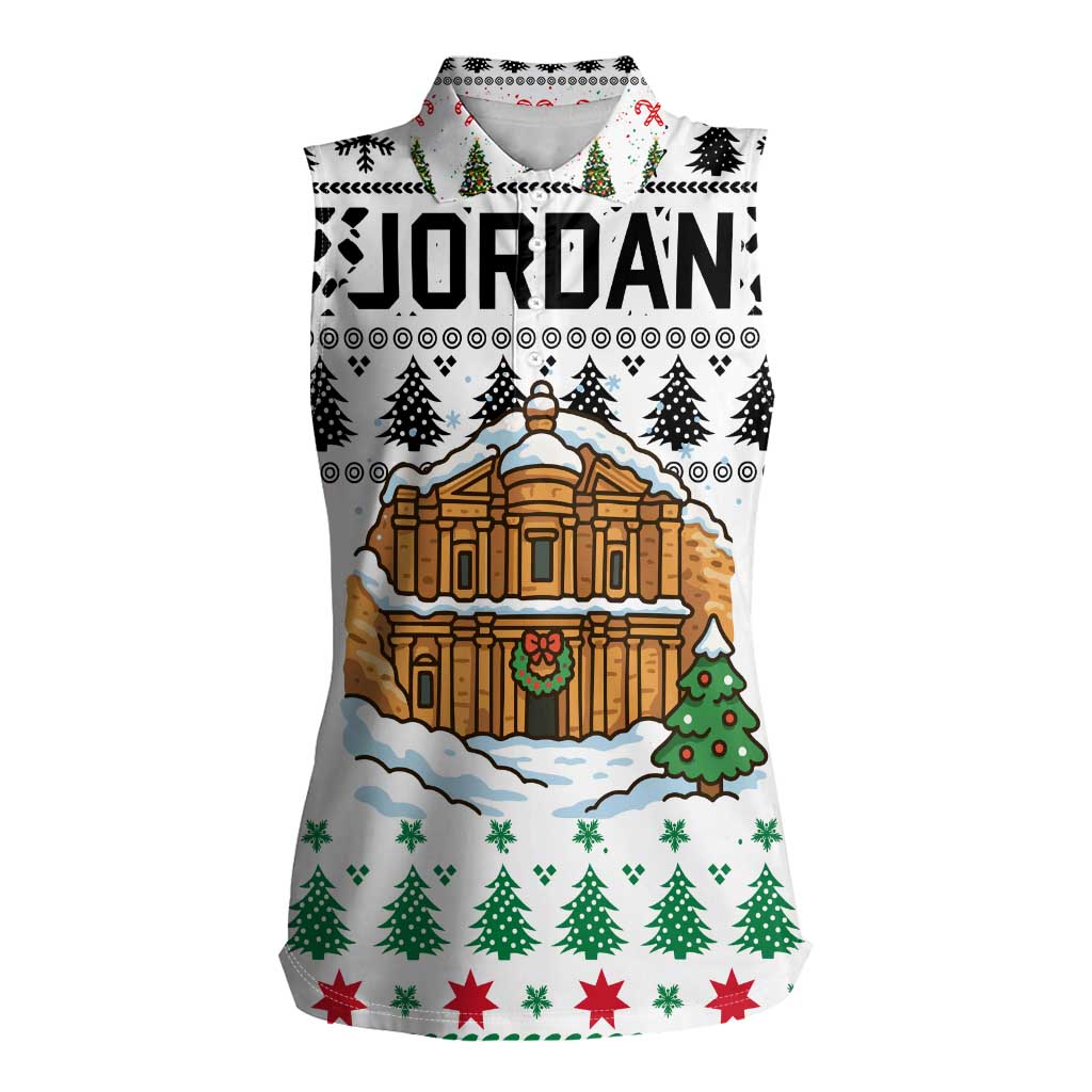 Jordan Christmas Women Sleeveless Polo Shirt with Petra Monastery Snow Christmas Trees and Candy Cane Pattern - Wonder Print Shop