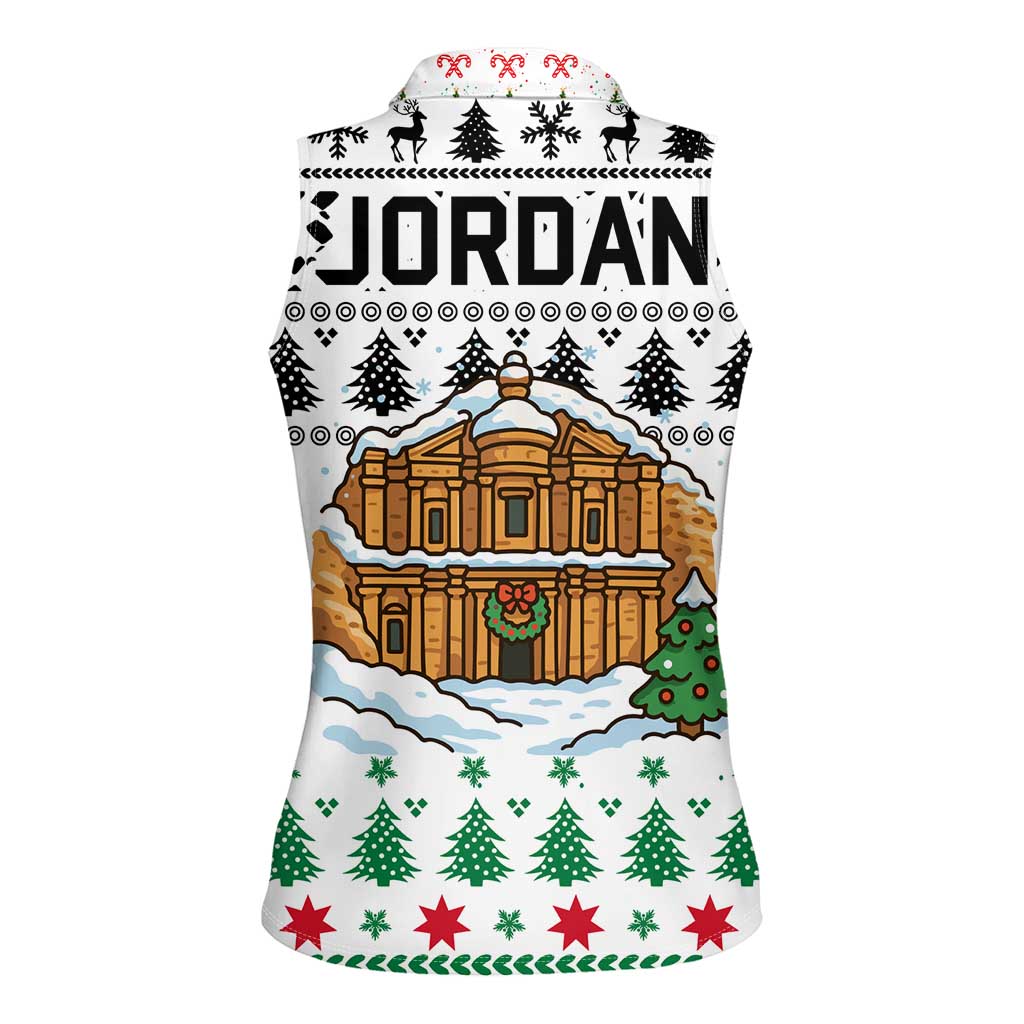 Jordan Christmas Women Sleeveless Polo Shirt with Petra Monastery Snow Christmas Trees and Candy Cane Pattern - Wonder Print Shop