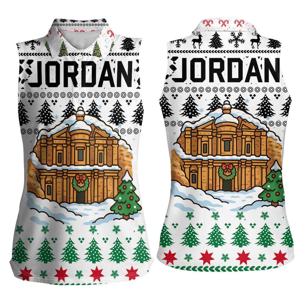 Jordan Christmas Women Sleeveless Polo Shirt with Petra Monastery Snow Christmas Trees and Candy Cane Pattern - Wonder Print Shop