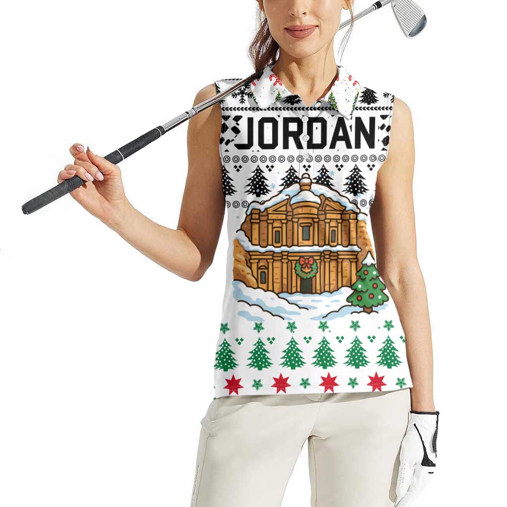 Jordan Christmas Women Sleeveless Polo Shirt with Petra Monastery Snow Christmas Trees and Candy Cane Pattern - Wonder Print Shop