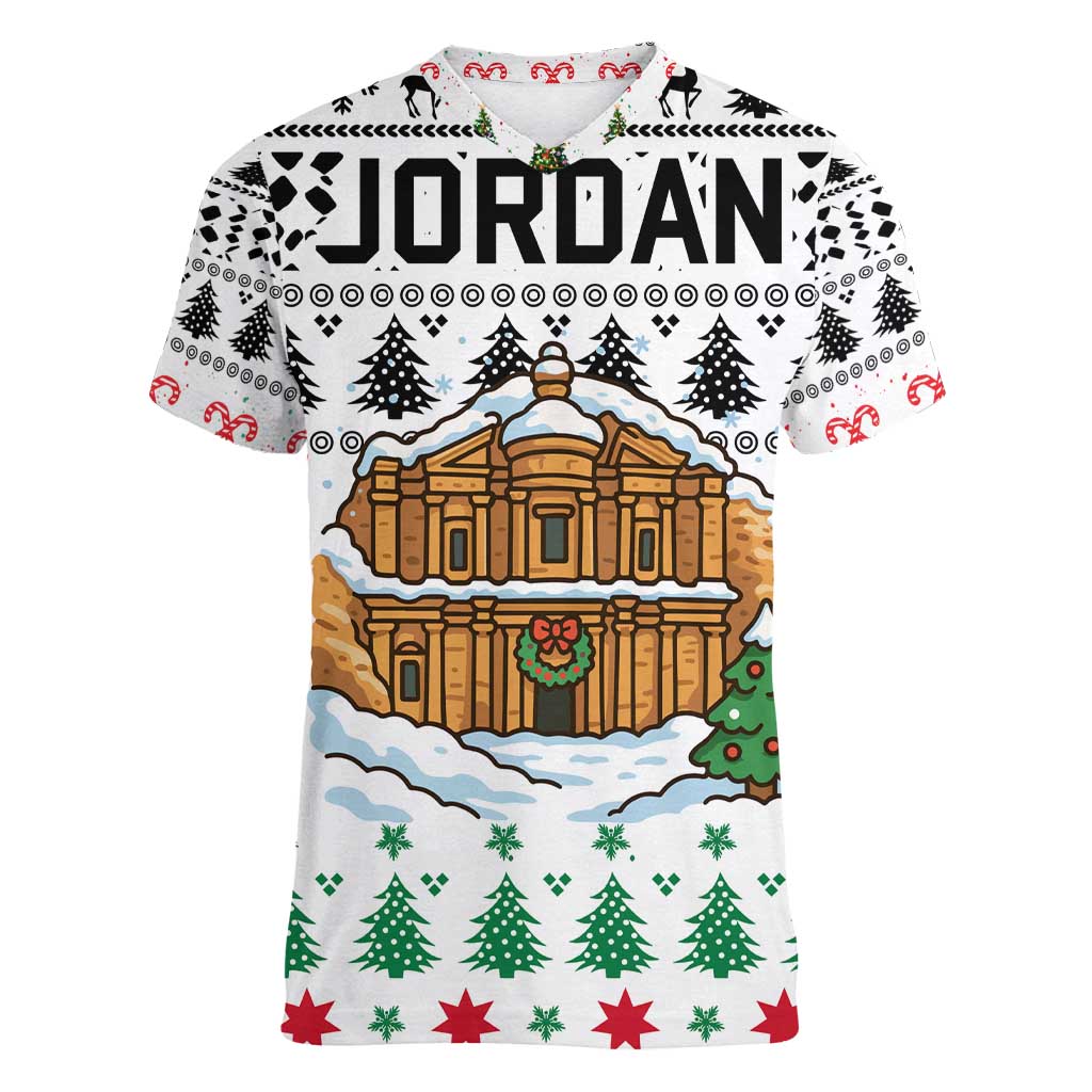 Jordan Christmas Women V-Neck T-Shirt with Petra Monastery Snow Christmas Trees and Candy Cane Pattern - Wonder Print Shop