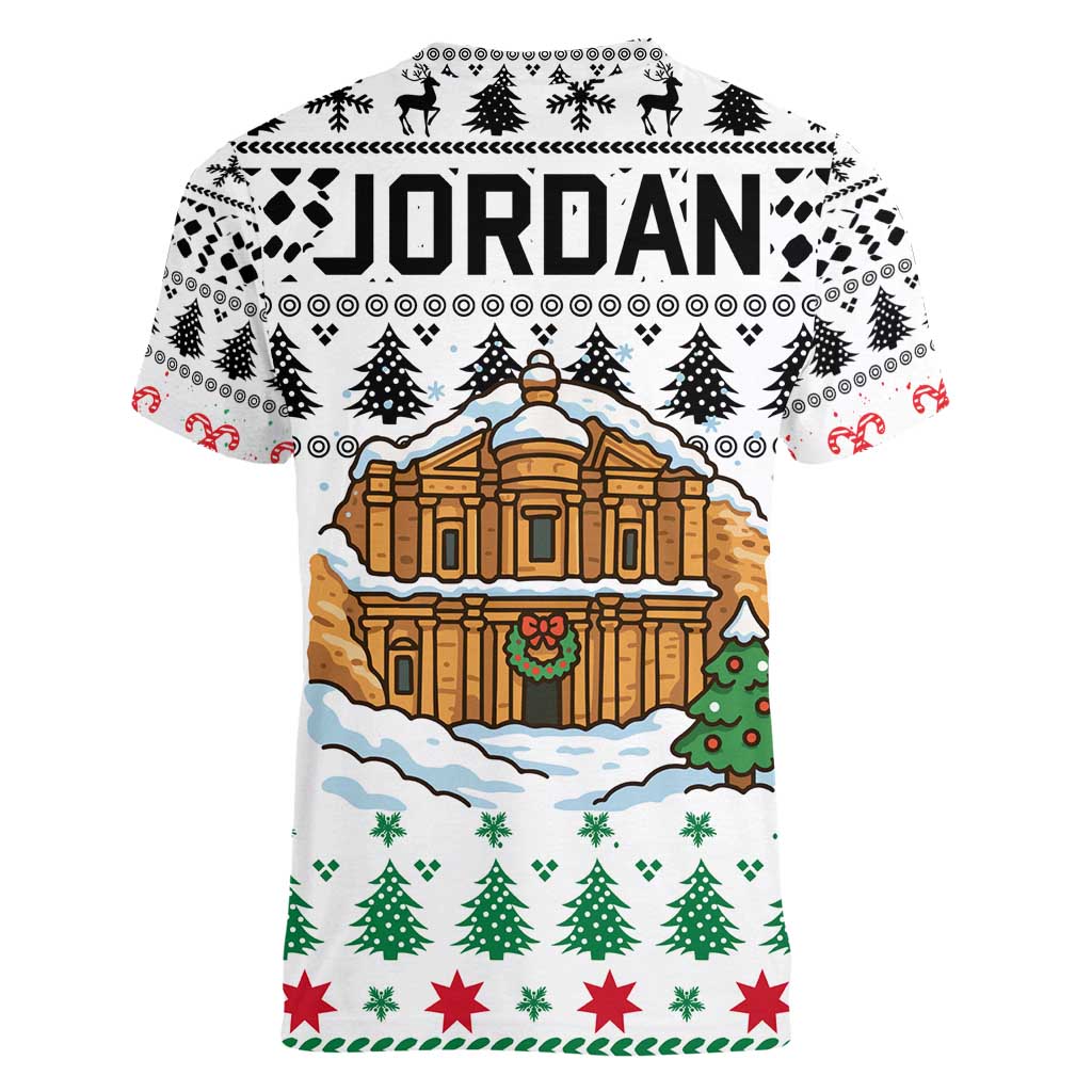 Jordan Christmas Women V-Neck T-Shirt with Petra Monastery Snow Christmas Trees and Candy Cane Pattern - Wonder Print Shop