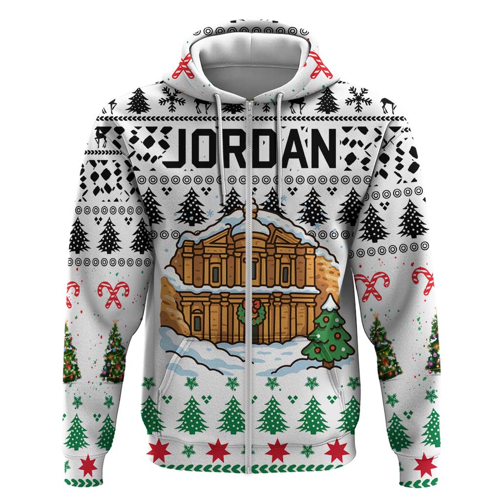 Jordan Christmas Zip Hoodie with Petra Monastery Snow Christmas Trees and Candy Cane Pattern - Wonder Print Shop