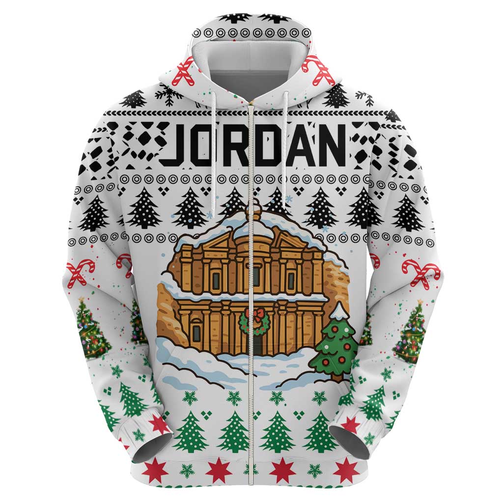 Jordan Christmas Zip Hoodie with Petra Monastery Snow Christmas Trees and Candy Cane Pattern - Wonder Print Shop