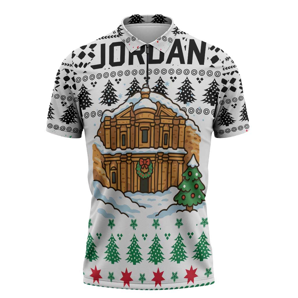 Jordan Christmas Zipper Polo Shirt with Petra Monastery Snow Christmas Trees and Candy Cane Pattern - Wonder Print Shop