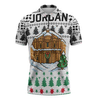Jordan Christmas Zipper Polo Shirt with Petra Monastery Snow Christmas Trees and Candy Cane Pattern - Wonder Print Shop