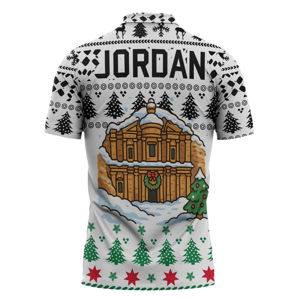 Jordan Christmas Zipper Polo Shirt with Petra Monastery Snow Christmas Trees and Candy Cane Pattern - Wonder Print Shop