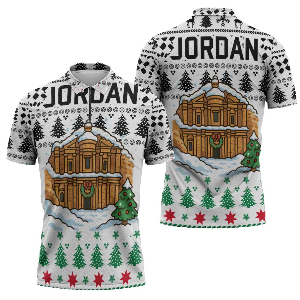 Jordan Christmas Zipper Polo Shirt with Petra Monastery Snow Christmas Trees and Candy Cane Pattern - Wonder Print Shop