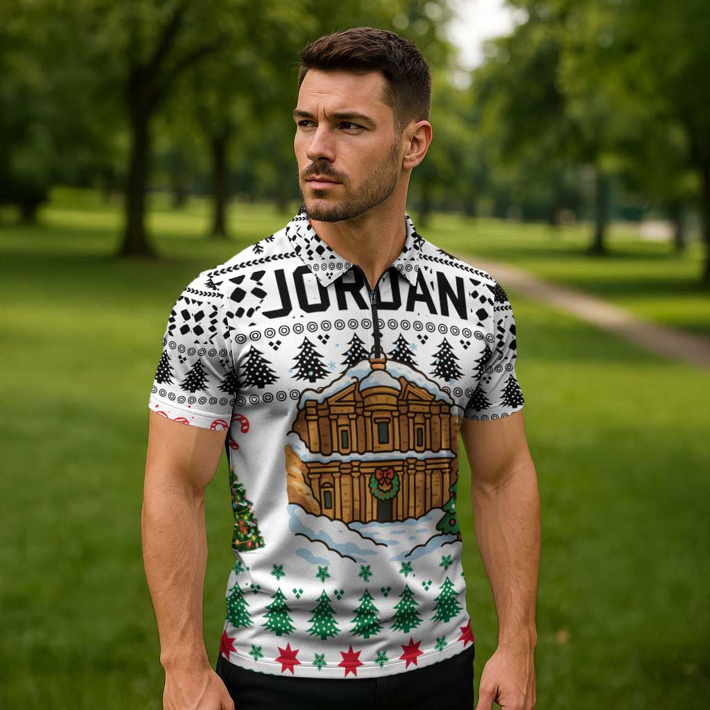 Jordan Christmas Zipper Polo Shirt with Petra Monastery Snow Christmas Trees and Candy Cane Pattern - Wonder Print Shop