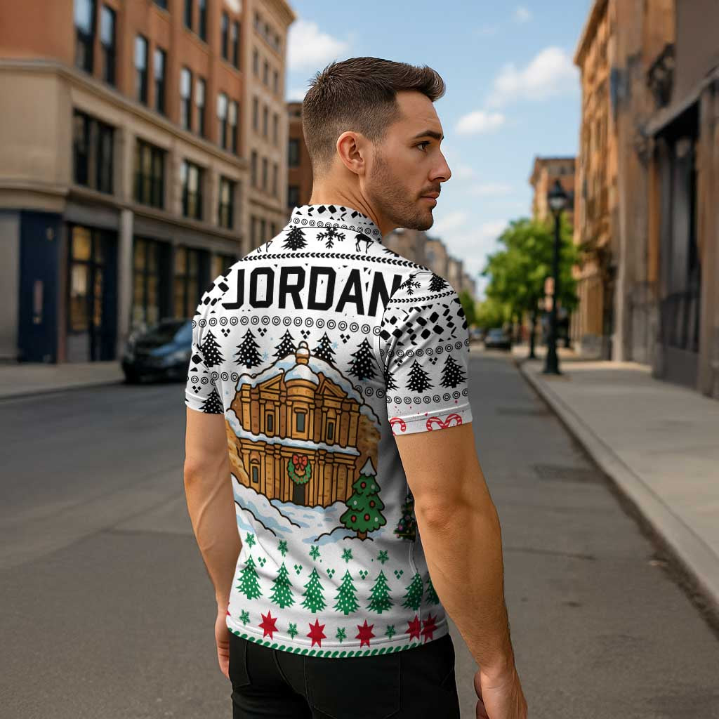 Jordan Christmas Zipper Polo Shirt with Petra Monastery Snow Christmas Trees and Candy Cane Pattern - Wonder Print Shop