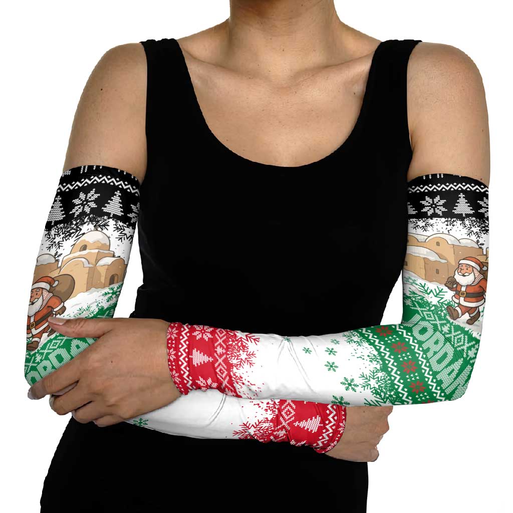 Jordan Christmas Arm Sleeves with Santa Snow Village Green and Black Snowflake Tree Pattern - Wonder Print Shop