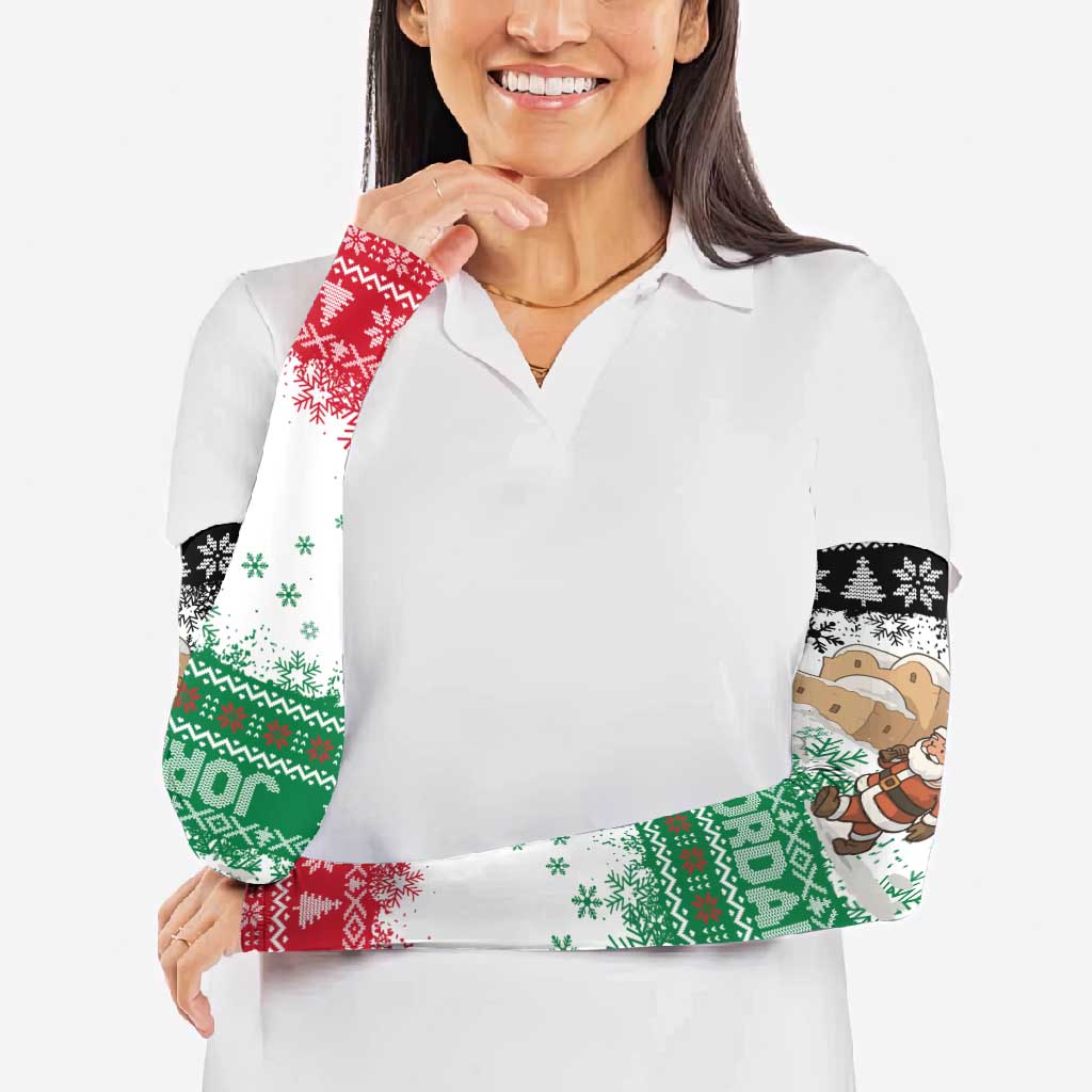 Jordan Christmas Arm Sleeves with Santa Snow Village Green and Black Snowflake Tree Pattern - Wonder Print Shop