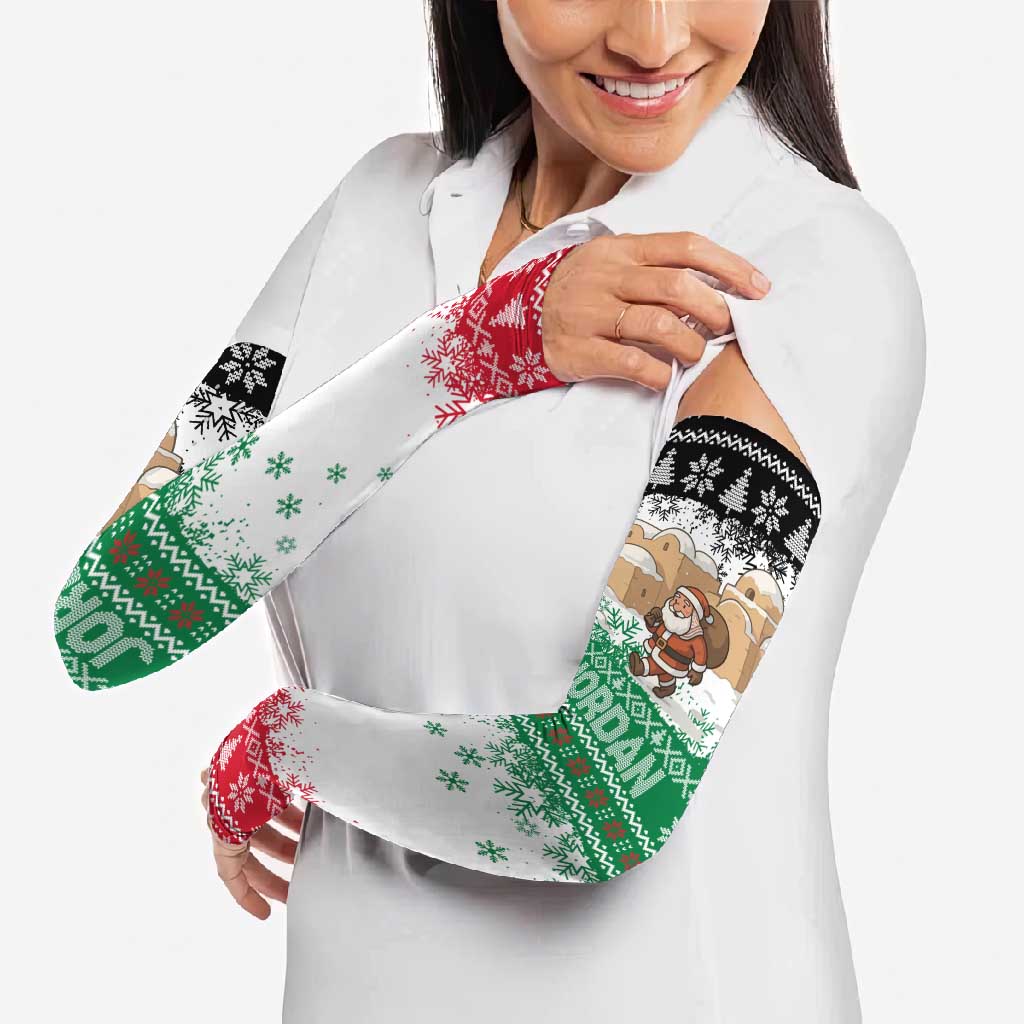 Jordan Christmas Arm Sleeves with Santa Snow Village Green and Black Snowflake Tree Pattern - Wonder Print Shop