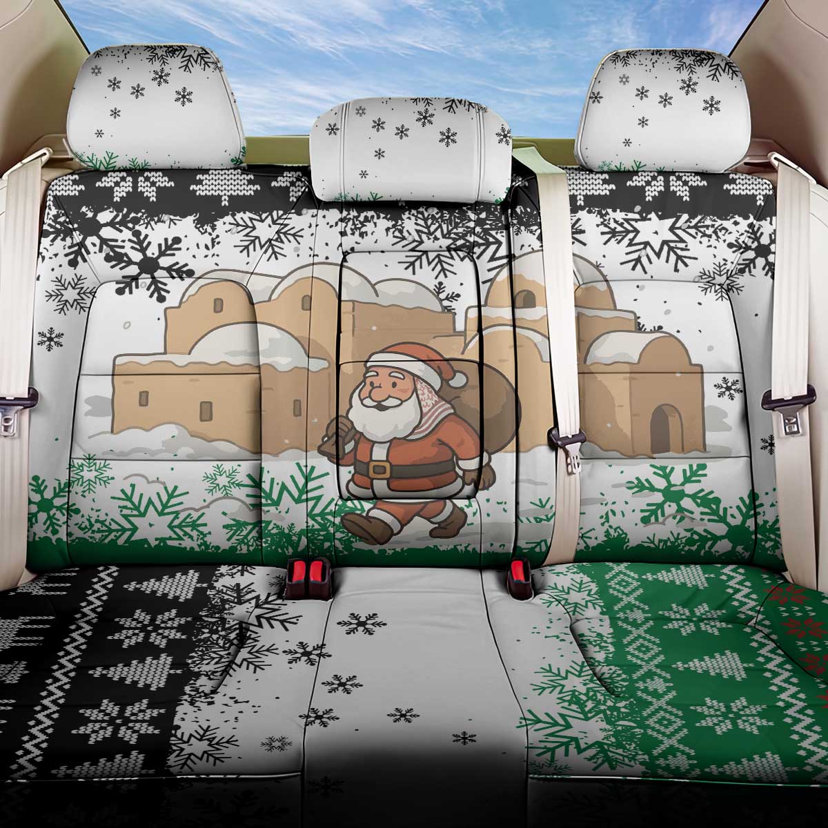 Jordan Christmas Back Car Seat Cover with Santa Snow Village Green and Black Snowflake Tree Pattern - Wonder Print Shop