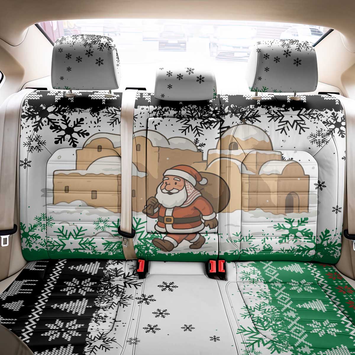 Jordan Christmas Back Car Seat Cover with Santa Snow Village Green and Black Snowflake Tree Pattern - Wonder Print Shop