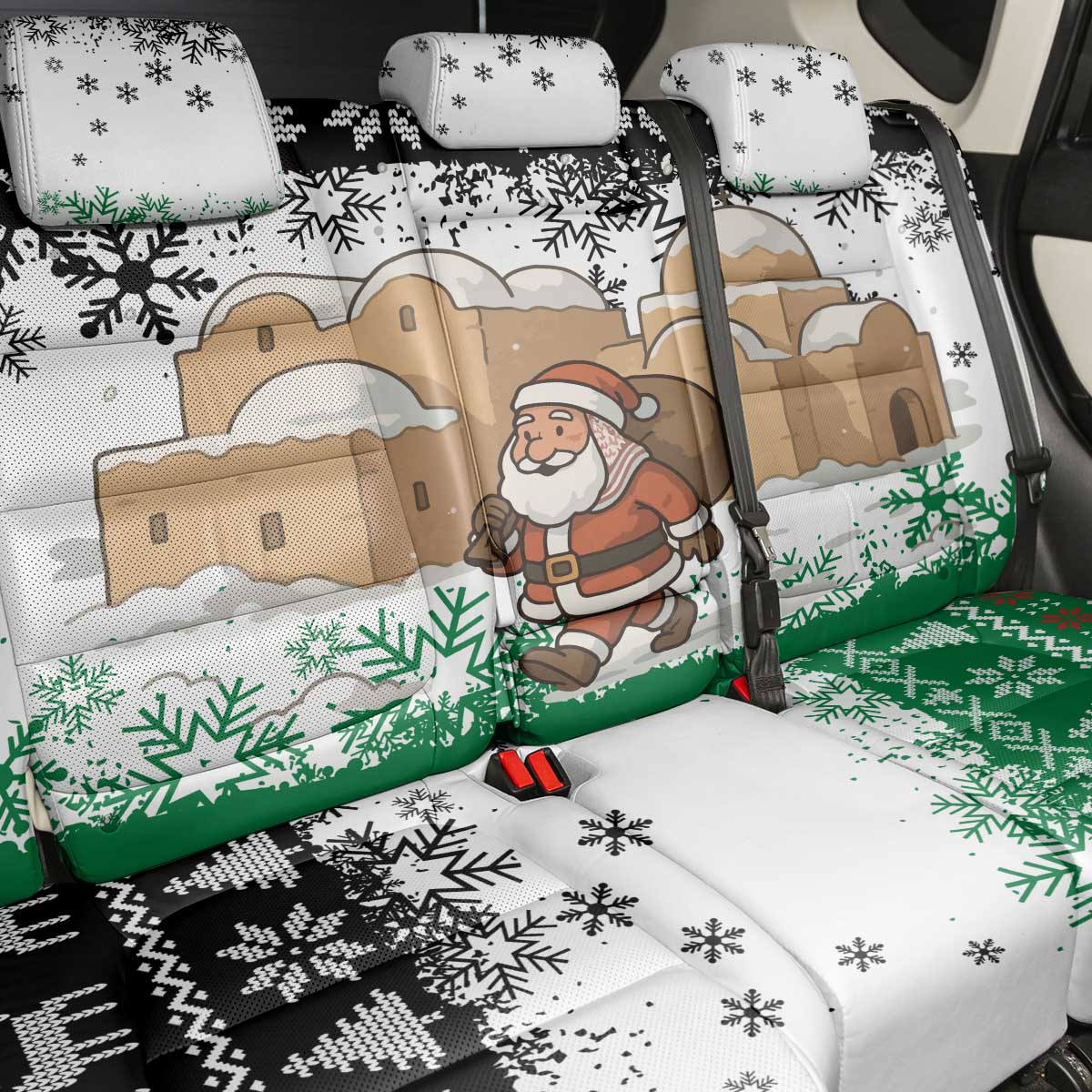 Jordan Christmas Back Car Seat Cover with Santa Snow Village Green and Black Snowflake Tree Pattern - Wonder Print Shop