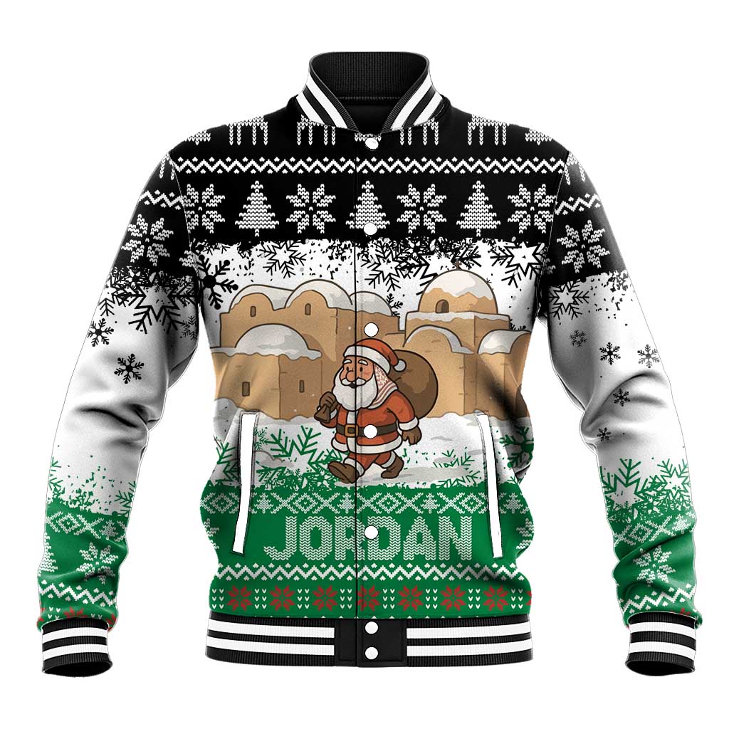 Jordan Christmas Baseball Jacket with Santa Snow Village Green and Black Snowflake Tree Pattern - Wonder Print Shop