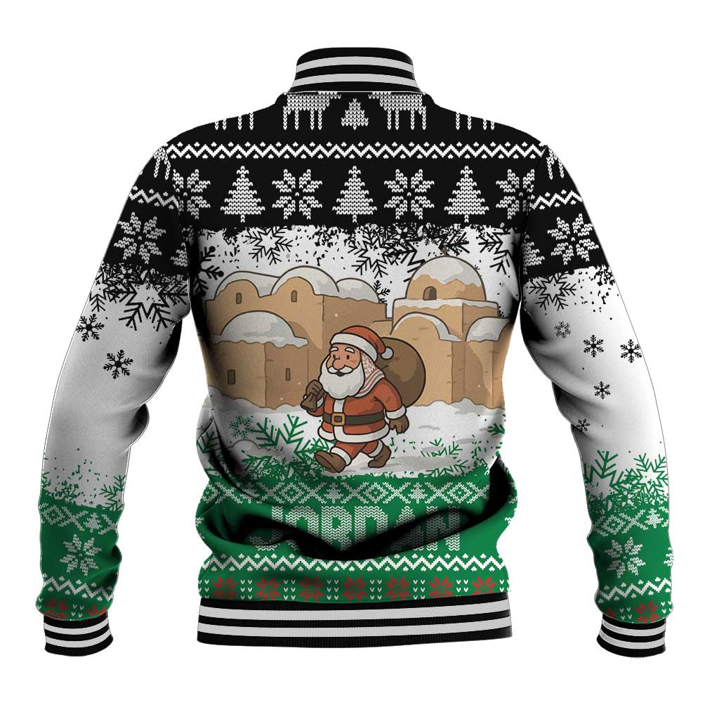 Jordan Christmas Baseball Jacket with Santa Snow Village Green and Black Snowflake Tree Pattern - Wonder Print Shop