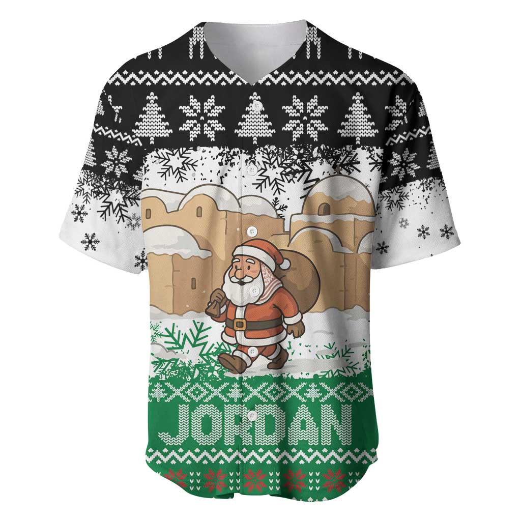 Jordan Christmas Baseball Jersey with Santa Snow Village Green and Black Snowflake Tree Pattern - Wonder Print Shop
