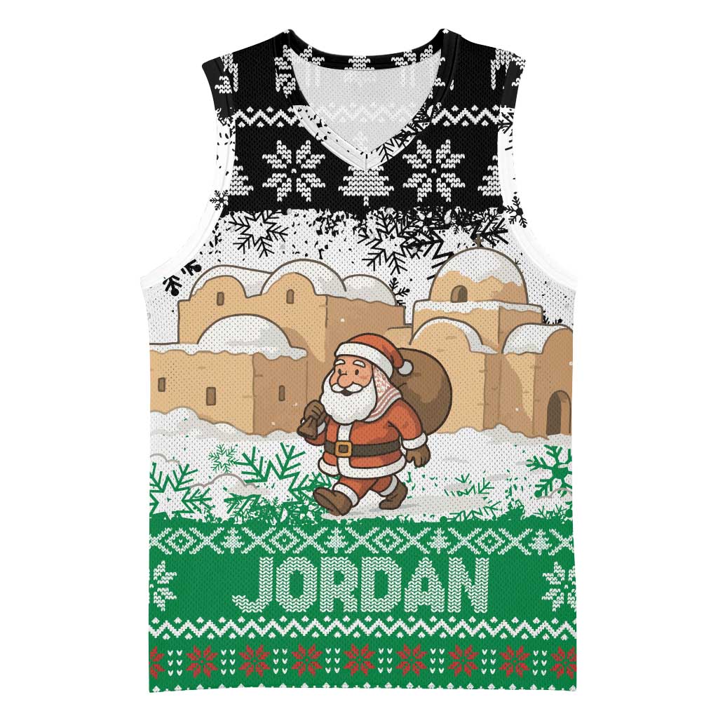 Jordan Christmas Basketball Jersey with Santa Snow Village Green and Black Snowflake Tree Pattern - Wonder Print Shop
